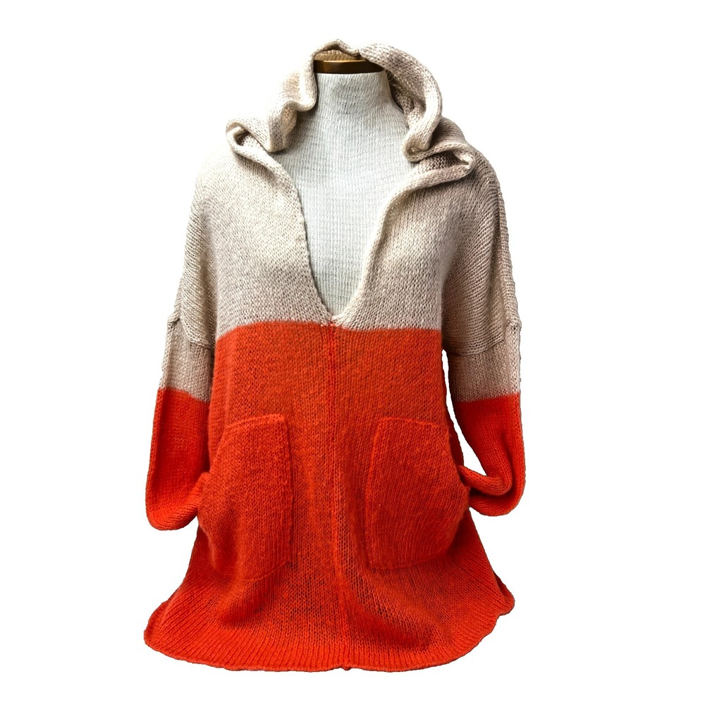 Wooden Ships Light Knitted Hoodie Tan Orange Mohair Blend Deep V-Neck Pocket M/L